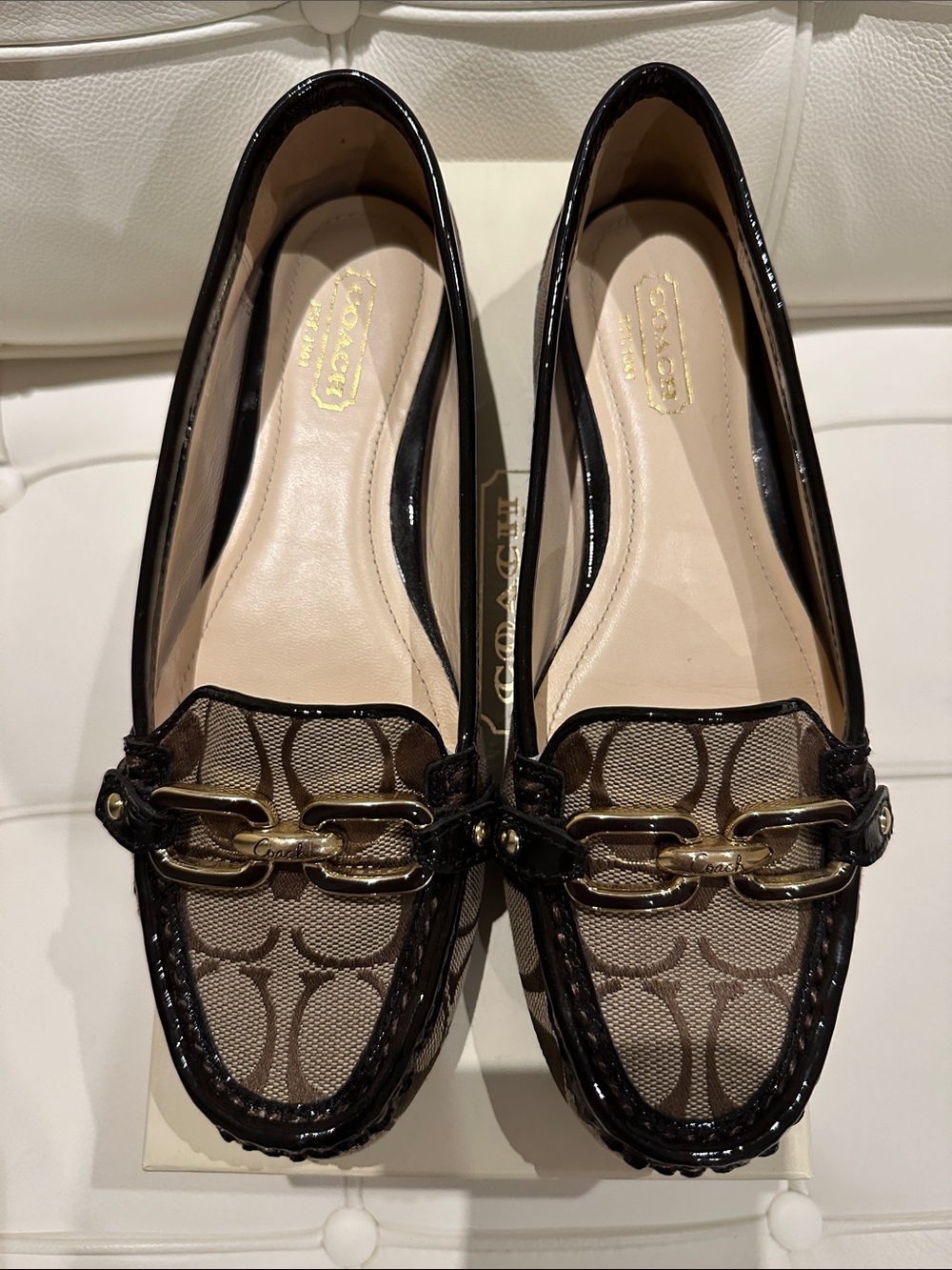 Coach Brown Signature Canvas Loafers with Black Patent Trim and Gold Chain - Picture 5 of 7